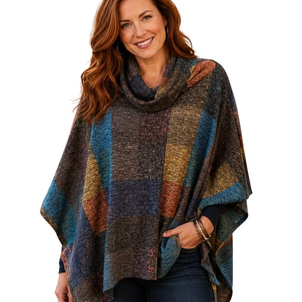 Adora Cowl Neck Poncho Womens One Size Multicolor Patchwork Knit Topper
